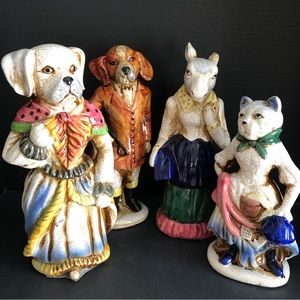 2 (of 4) 10-12” Victorian Crackle Finish Ceramic Figure Anthropomorphic Cat Dog